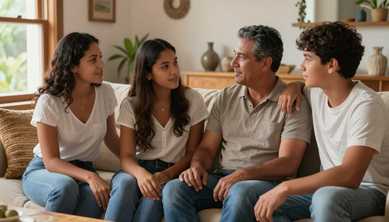 Una familia sentada en un sofá, charlando en una acogedora sala de estar