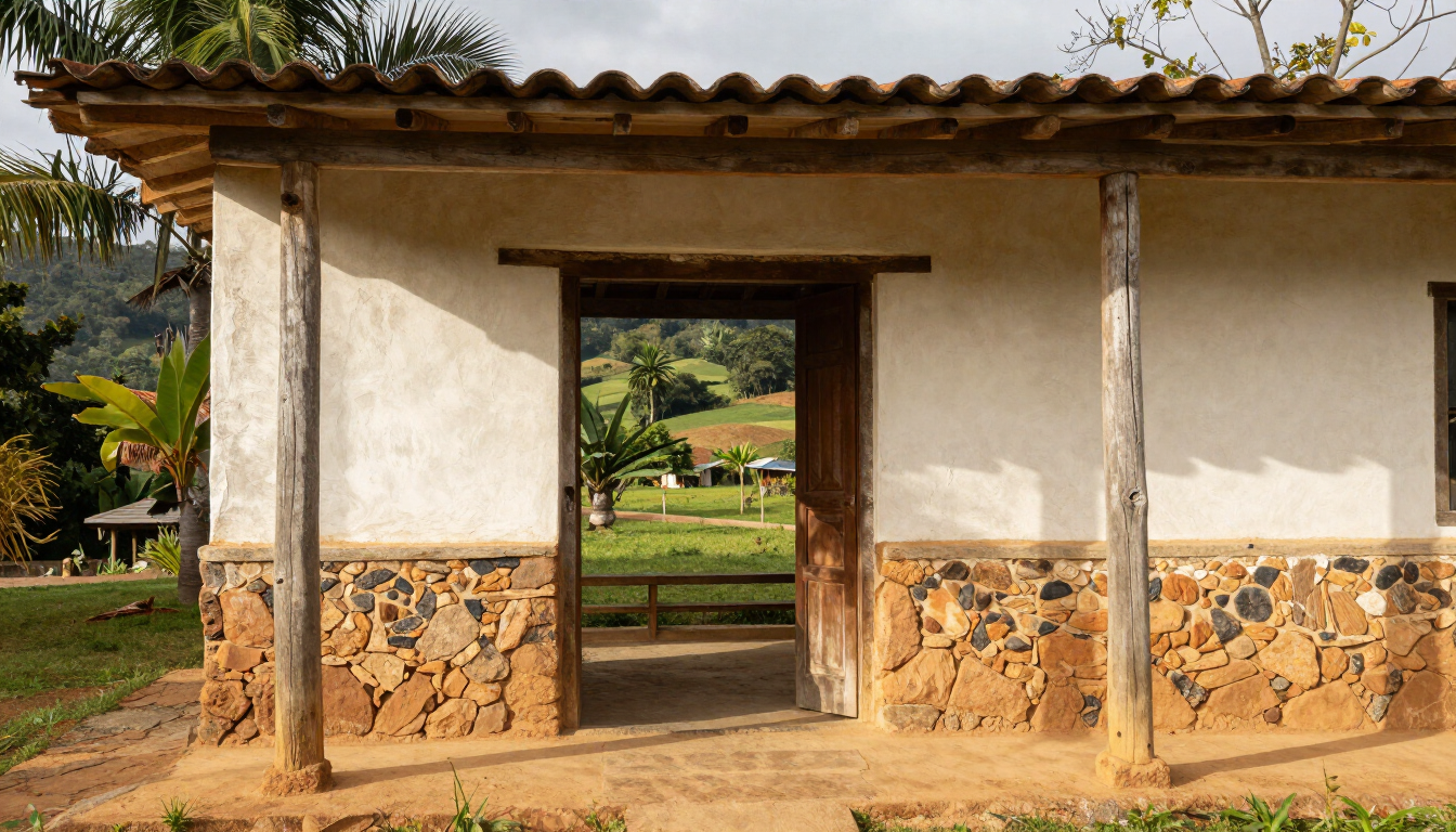 Fachada rústica de una casa de adobe con una puerta central, muros inferiores de piedra y tejado de tejas, con vistas a un paisaje verde