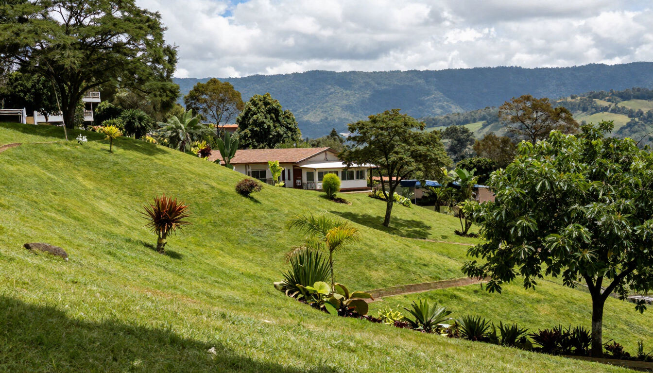 Ladera verde con árboles dispersos, una casa pequeña y montañas bajo un cielo nublado