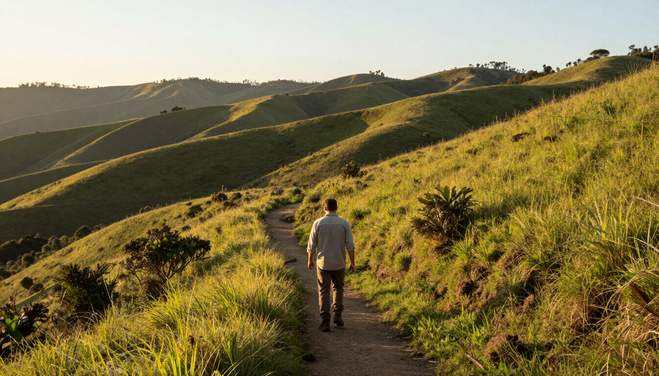 Persona caminando por un sendero de tierra entre colinas verdes bañadas por el sol durante la hora dorada