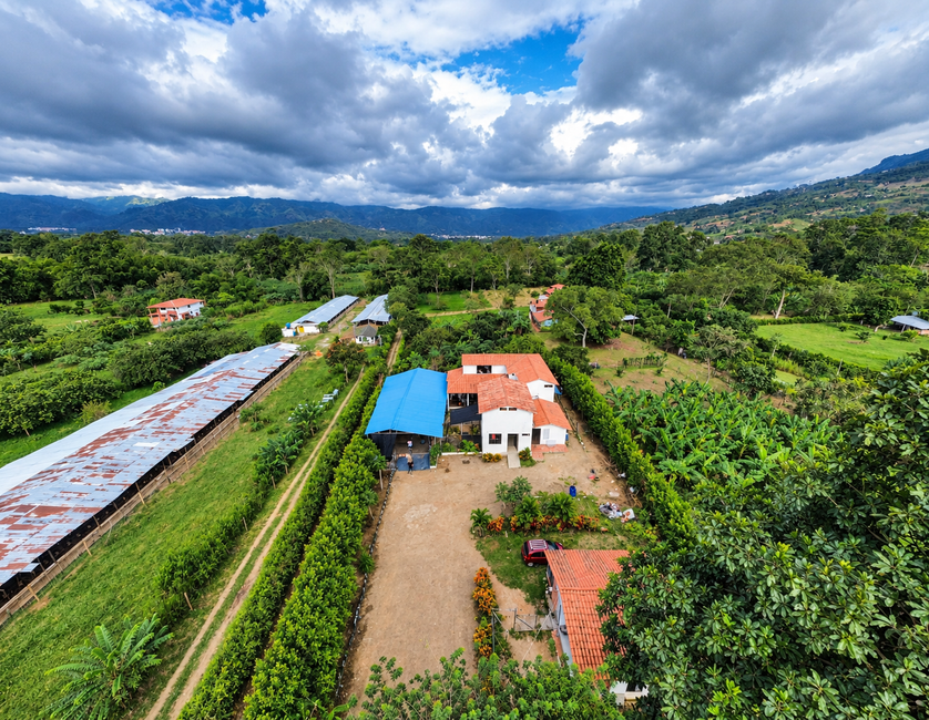 Vista aérea de una granja rural con edificios de tejados rojos, campos verdes y montañas nubladas al fondo