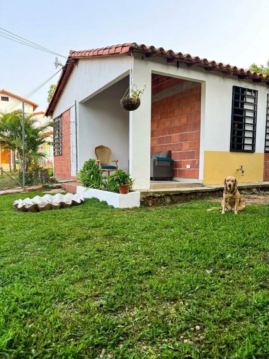 Pequeña casa de ladrillo con un porche, tejado de tejas rojas y un perro en el césped verde.