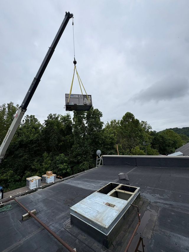 Crane lifting a container above a rooftop with trees and cloudy sky in the background