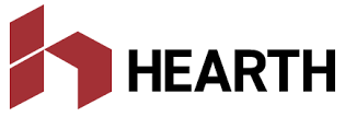 HEARTH logo with a red geometric icon and black text on a white background