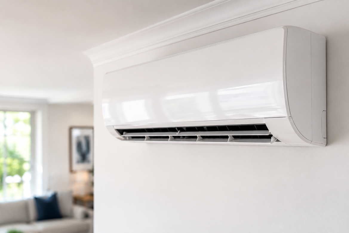 Wall-mounted white air conditioner on a light-colored wall in a bright room.