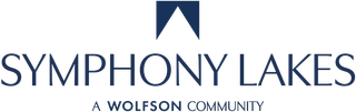Logo for Symphony Lakes, a Wolfson community, with a blue geometric shape above the name.