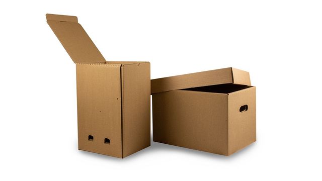 Dos cajas de cartón marrón, una abierta con la tapa hacia arriba y la otra abierta sobre un fondo blanco.