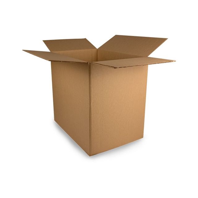 Caja de cartón abierta con solapas extendidas sobre un fondo blanco.