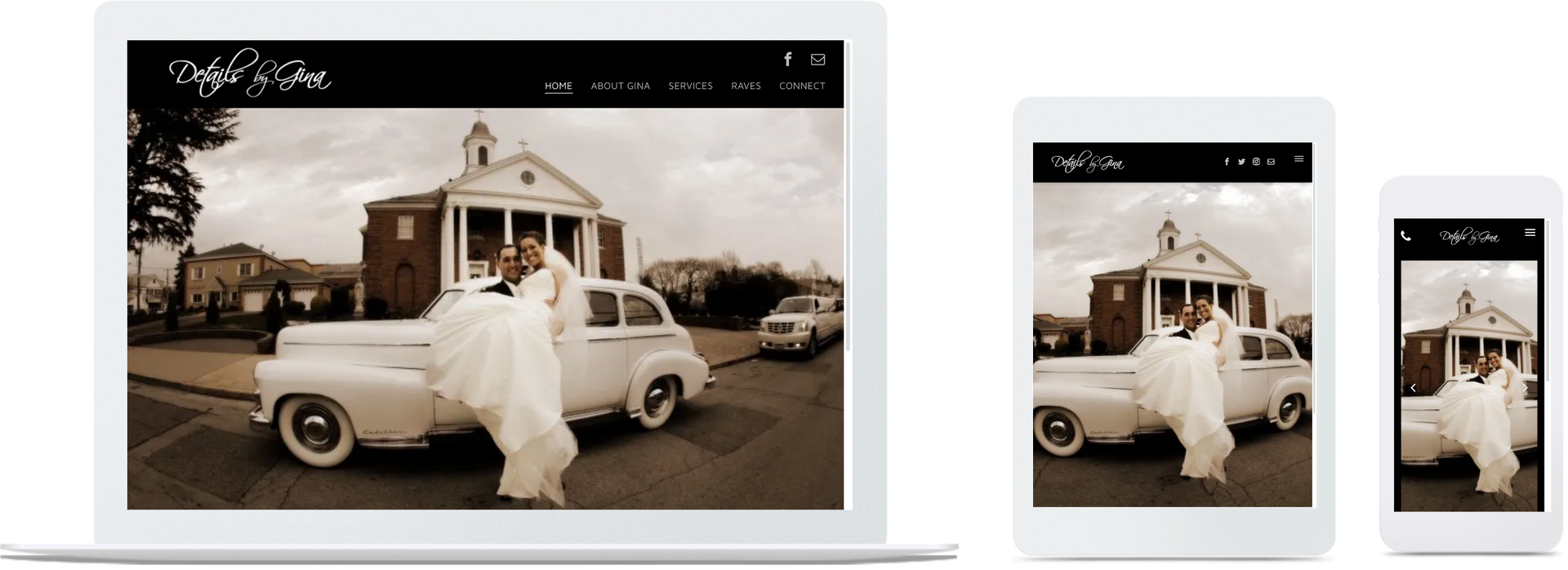 a bride and groom are standing in front of a white truck on a tablet , phone and laptop .
