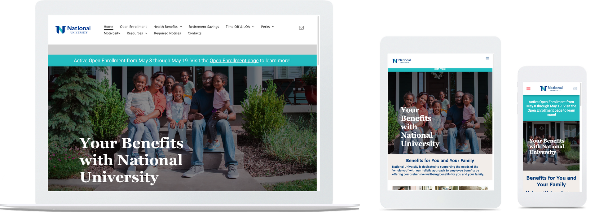 a laptop , tablet , and cell phone showing a website for national university .