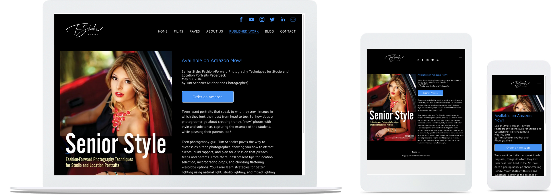a laptop , tablet , and cell phone displaying a senior style website .