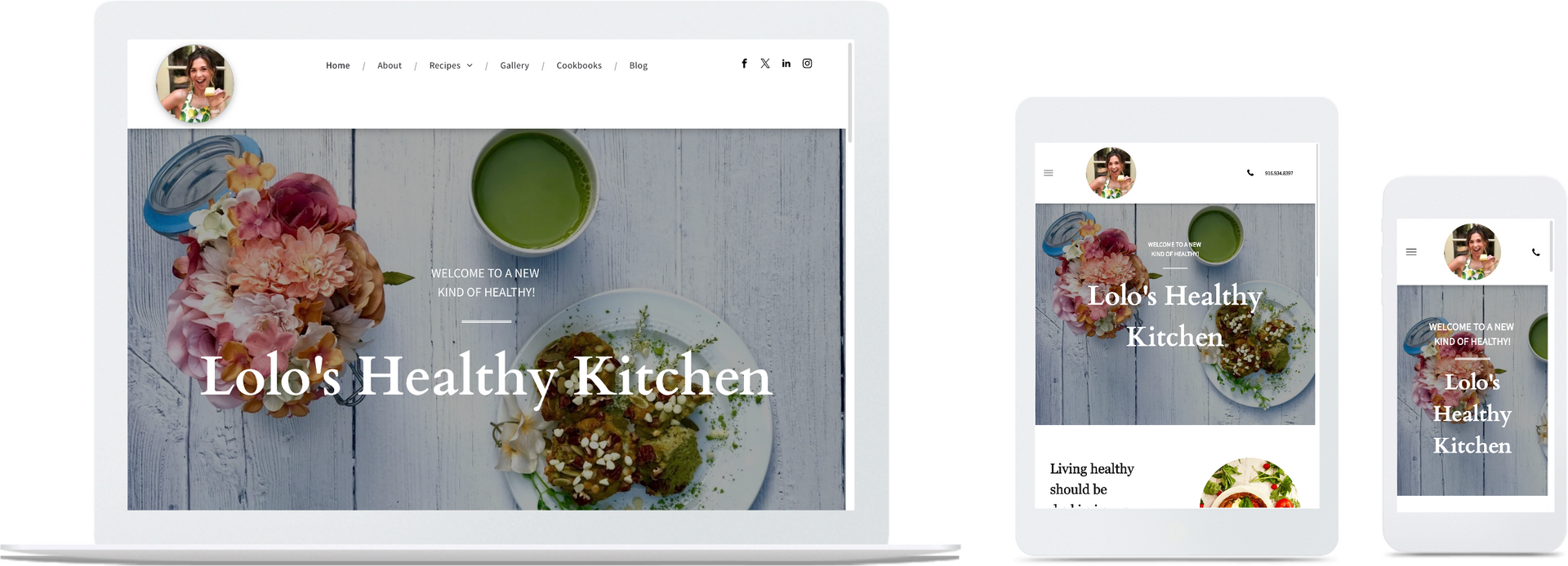 a laptop , tablet , and cell phone displaying a website for loko 's healthy kitchen .