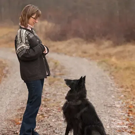 Woman in sweater and jeans on a path, looking at a black dog sitting attentively.