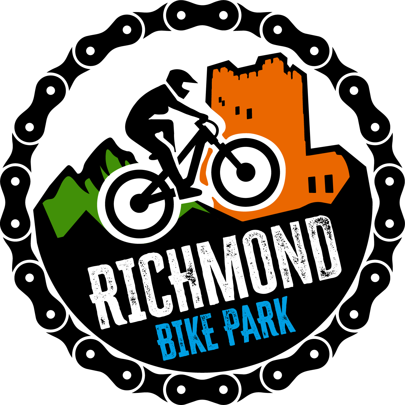 The logo for richmond bike park has a bicycle gear on it.