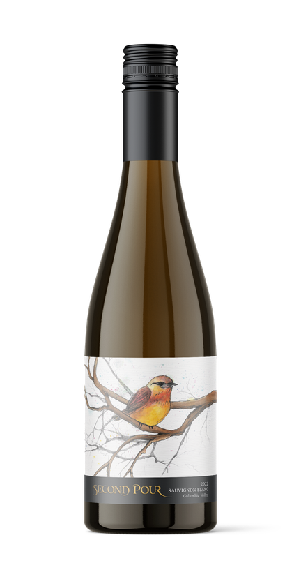 Bottle of 2022 Second Pour Sauvignon Blanc with illustrated label featuring a yellow and red bird on bare branches.