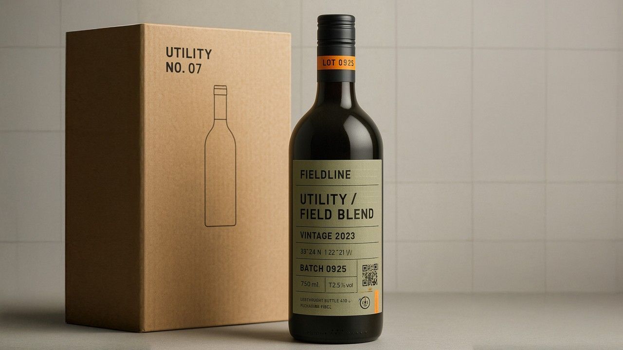 Bottle of red wine and its cardboard box on a neutral background. The label reads 
