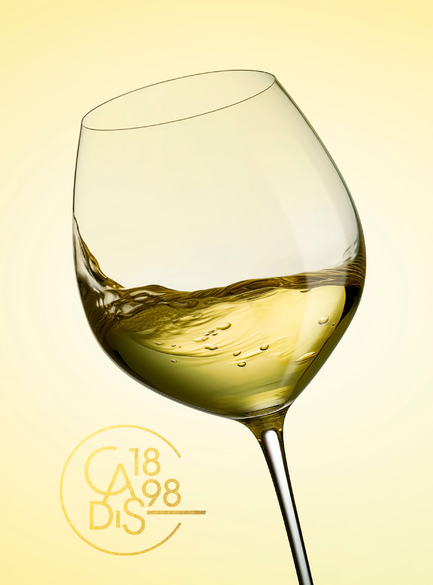 Glass of white wine tilted, liquid swirling, against a yellow backdrop; logo
