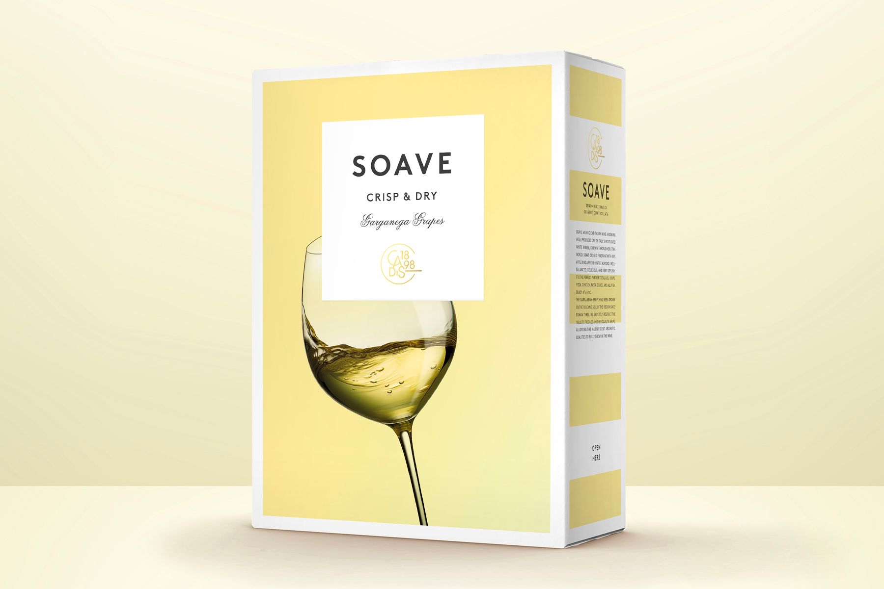 BIB of Soave white wine with a wine glass. Yellow and gold color scheme.