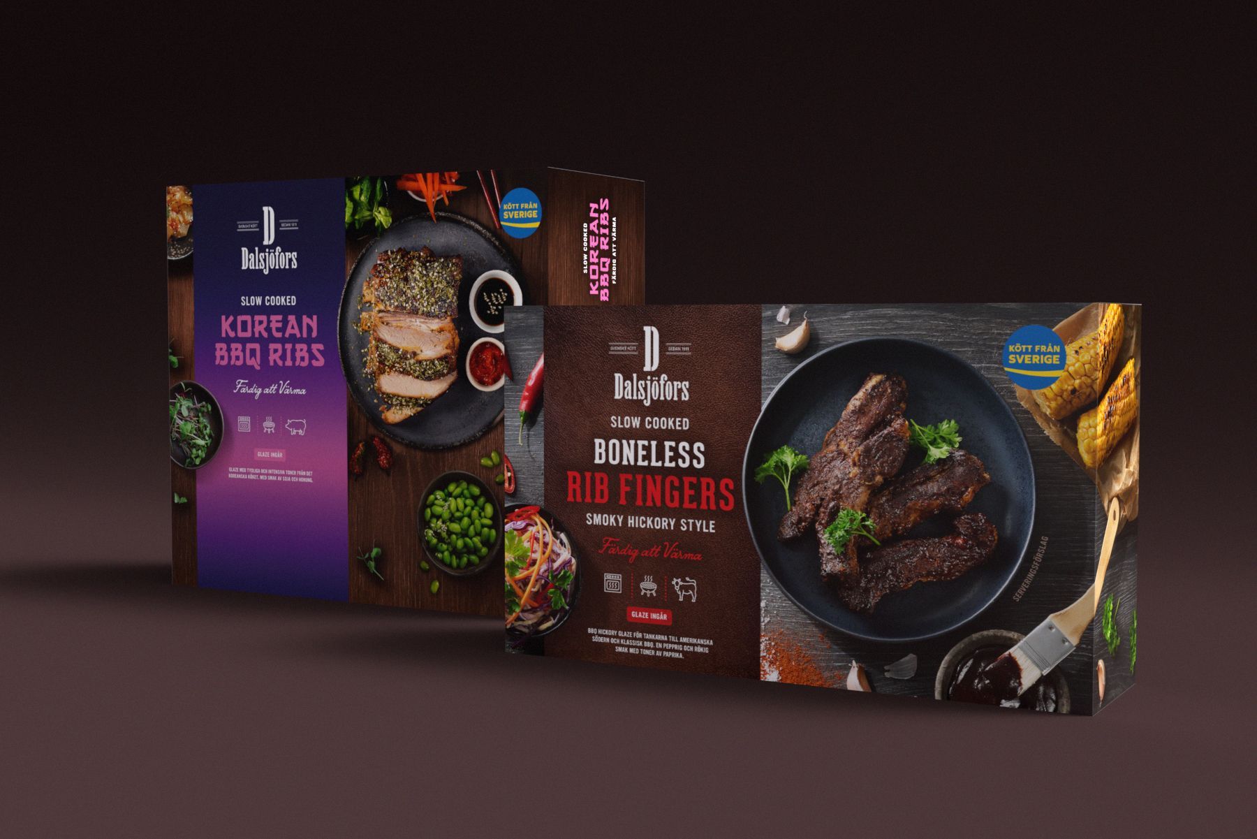 Two boxes of prepared food, Korean BBQ ribs and boneless rib fingers, on a dark background from Dalsjöfors Danish Crown