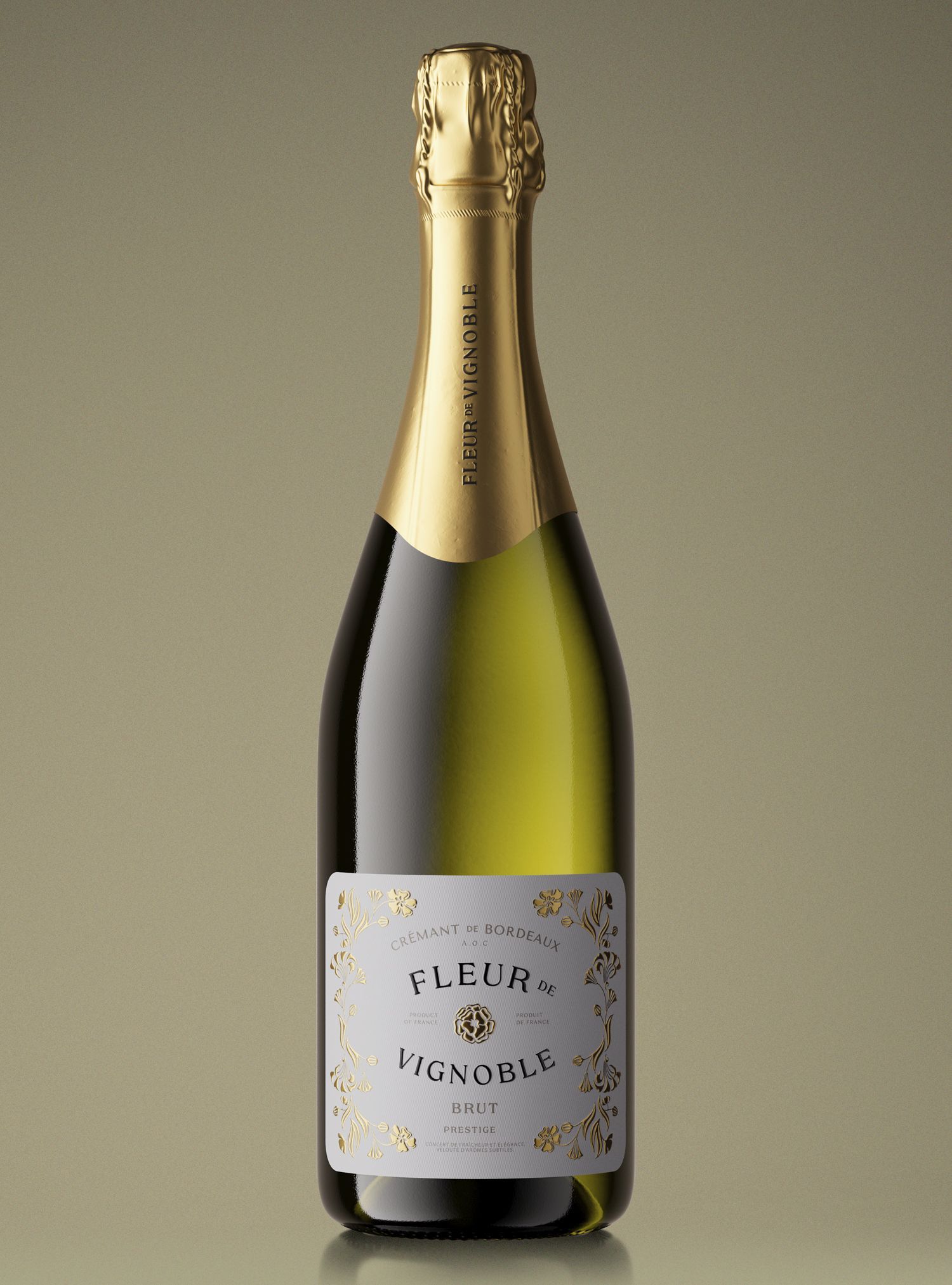 Bottle of Fleur de Bonelli sparkling wine, gold foil, white label, elegant design.