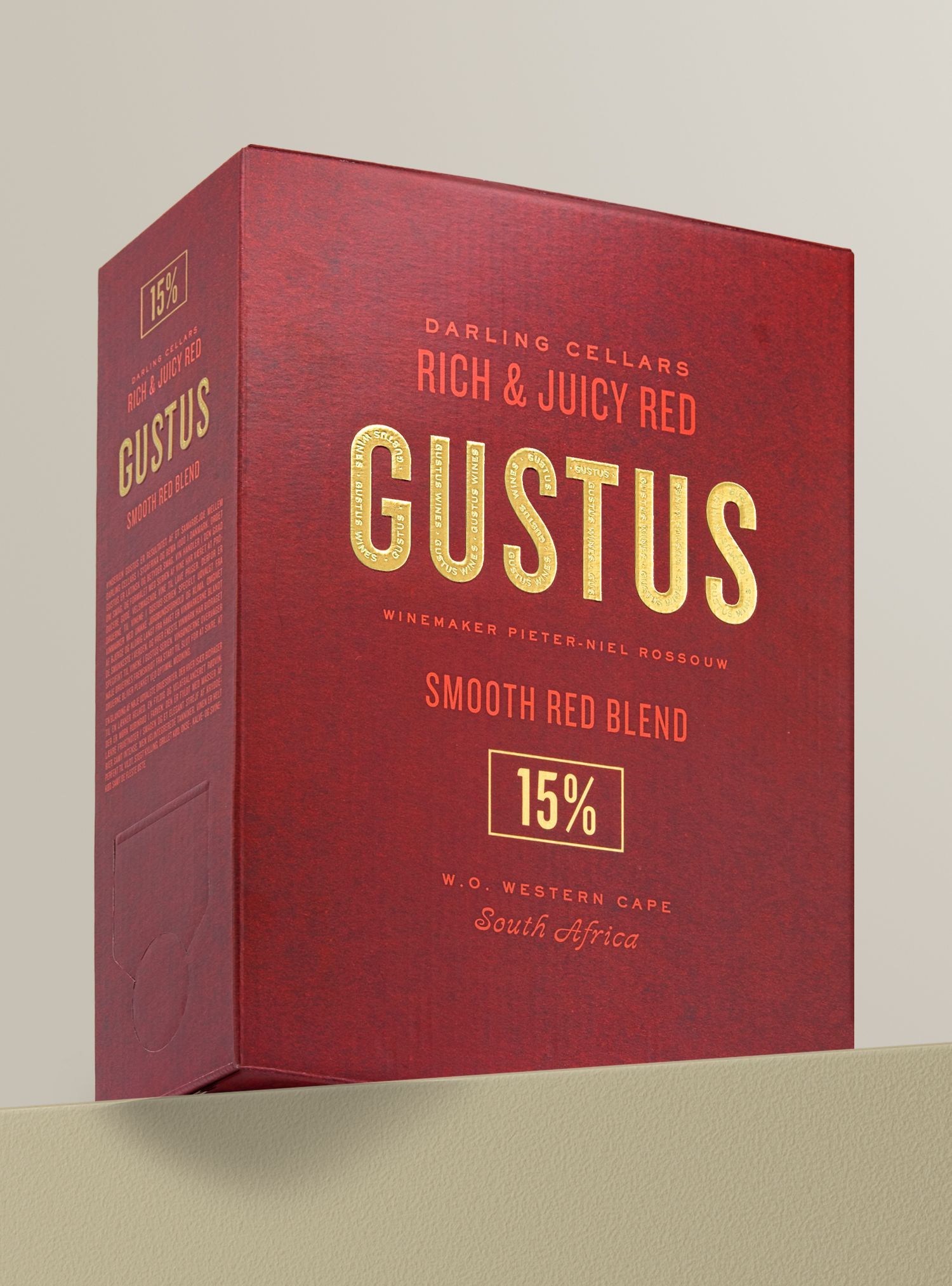 Red Gustus wine box with gold lettering;