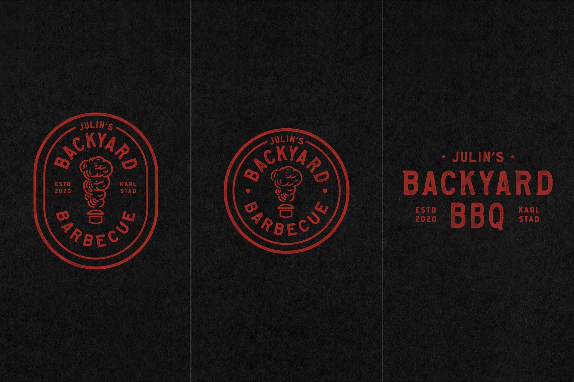 Three red Backyard BBQ logos on a dark background. Two are circular, one is oval-shaped.
