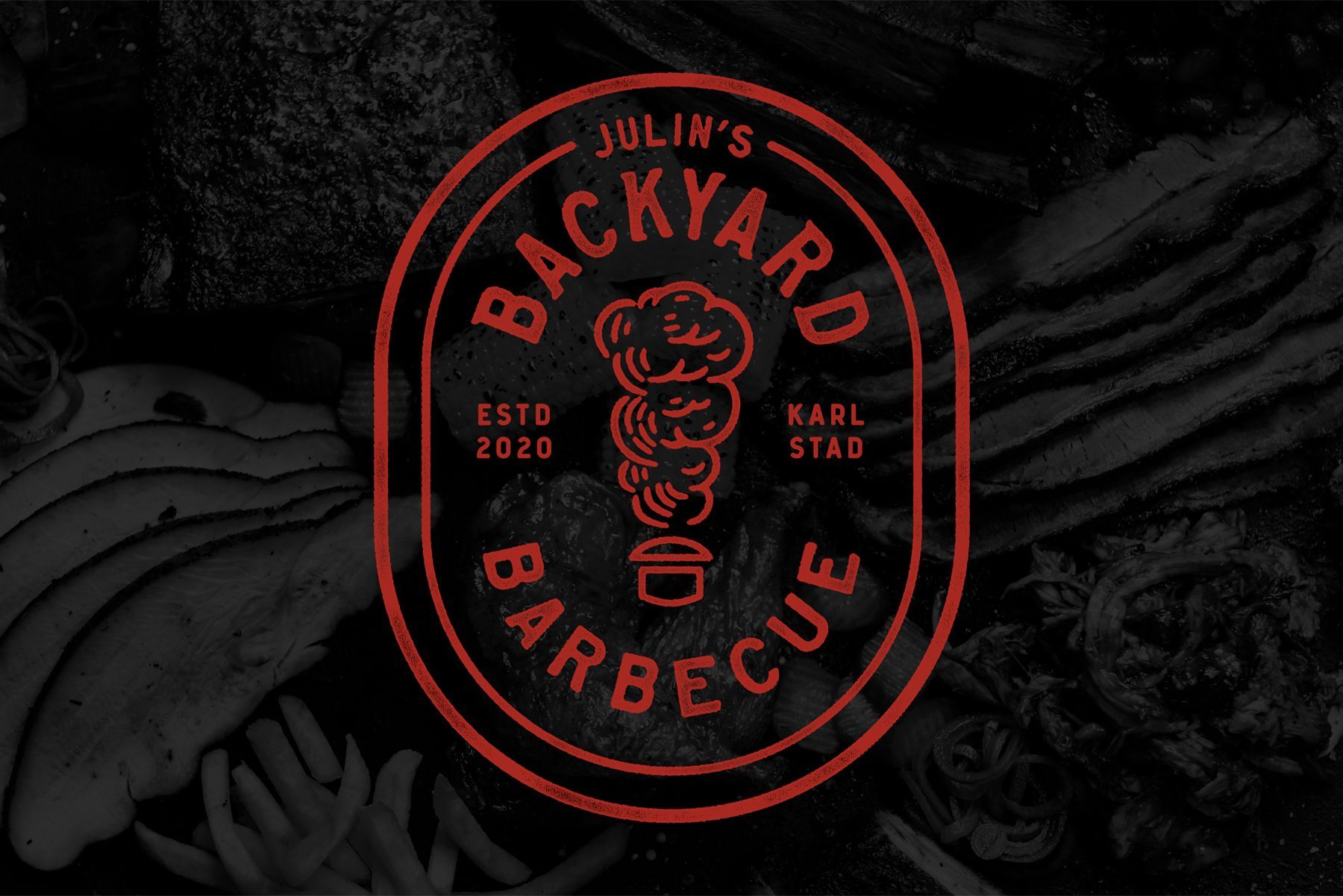 Red logo for Julin's Backyard Barbecue in a dark oval, with a smoke plume design.