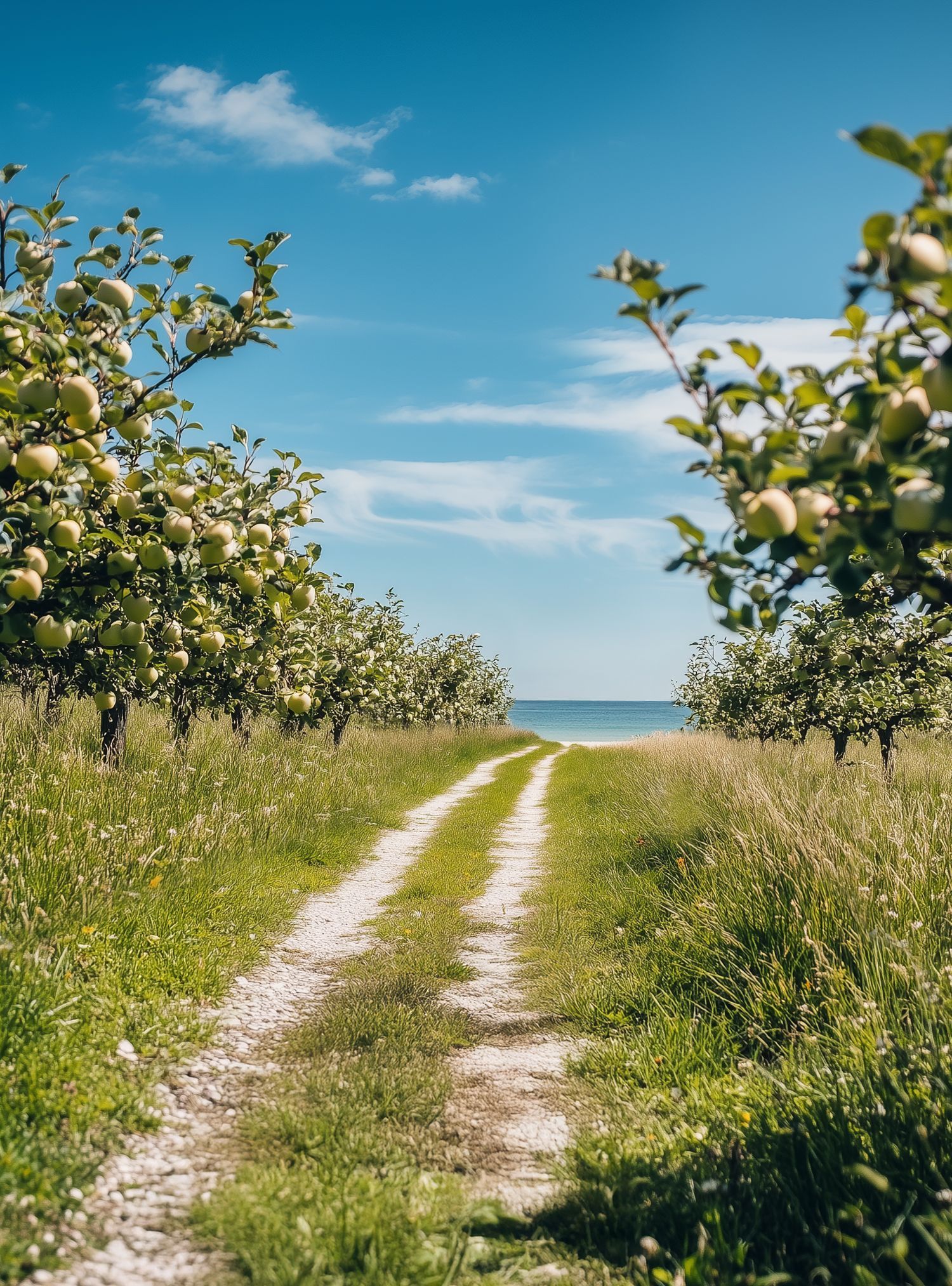 Gravel path through orchard of fruit trees, leading to blue sky and ocean.