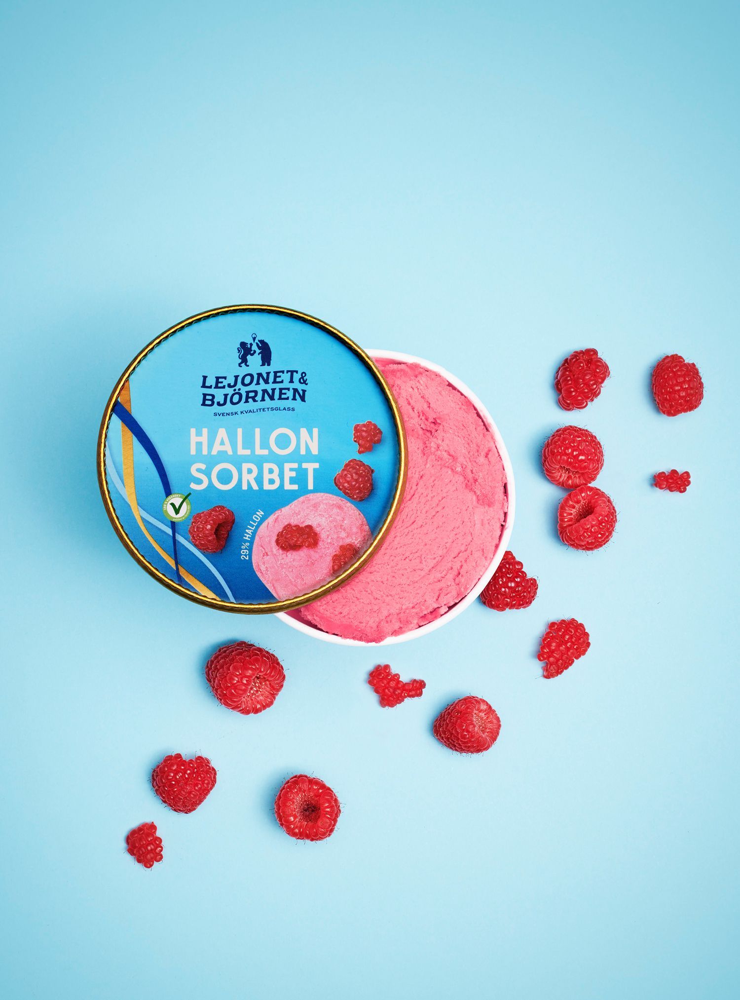 Raspberry sorbet tub with lid off, surrounded by fresh raspberries on a blue background.