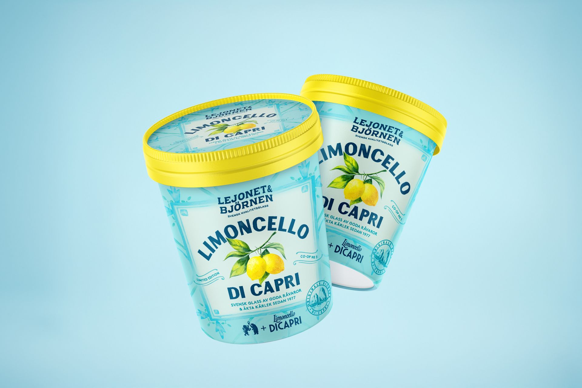 Two containers of Limoncello Di Capri ice cream on a light blue background.