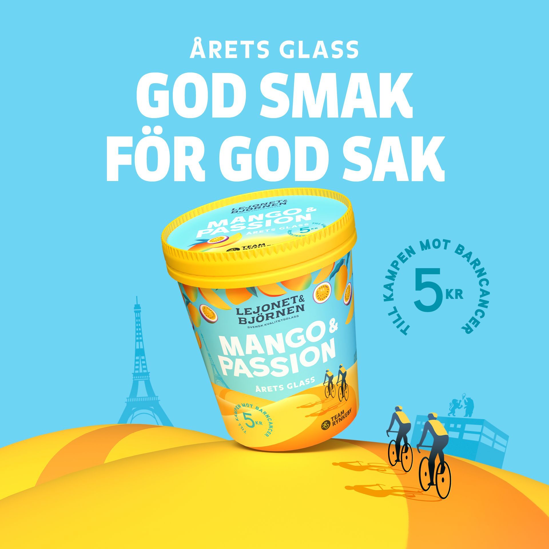 Ice cream packaging with mango & passion flavor, supporting childhood cancer. Turquoise background with yellow accents.