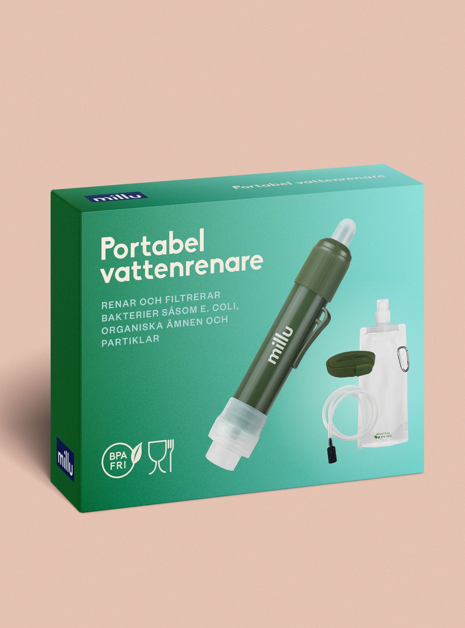 Box of a portable water purifier; green, white; with a purifier pen, bottle and hose.