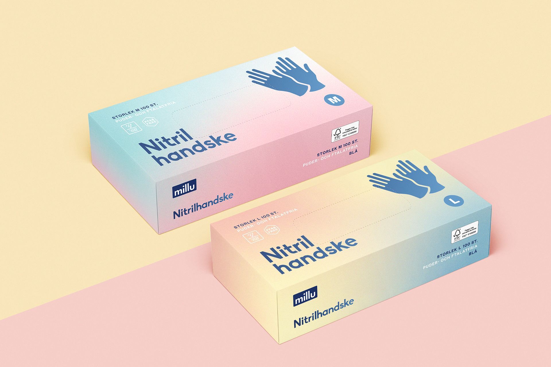 Two boxes of nitrile gloves, blue hands graphic, gradient pink-blue and yellow-orange, on pink and yellow background.
