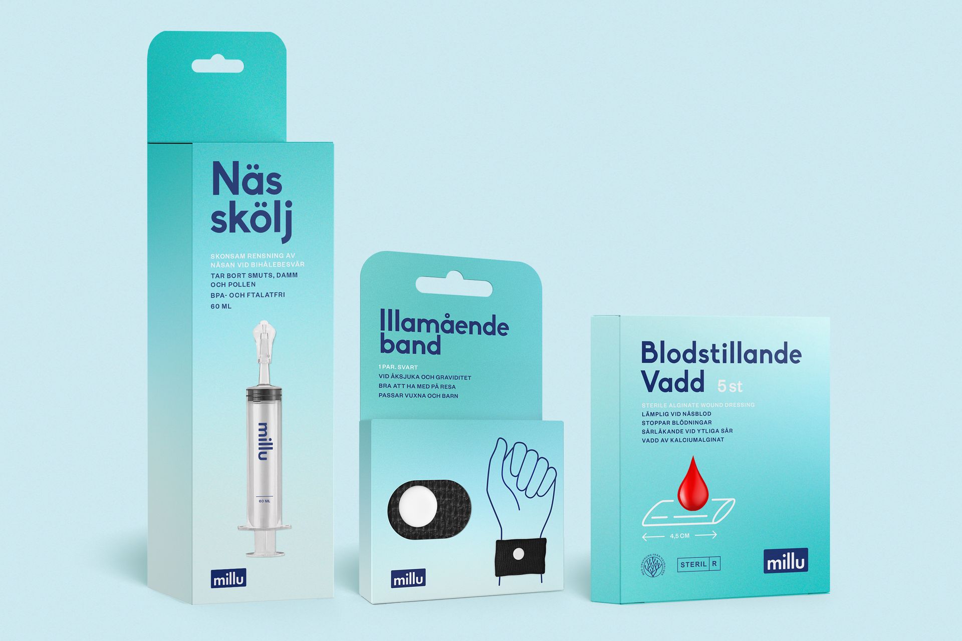 Three first aid product boxes: nasal spray, tourniquet, and wound dressing; all in teal packaging.