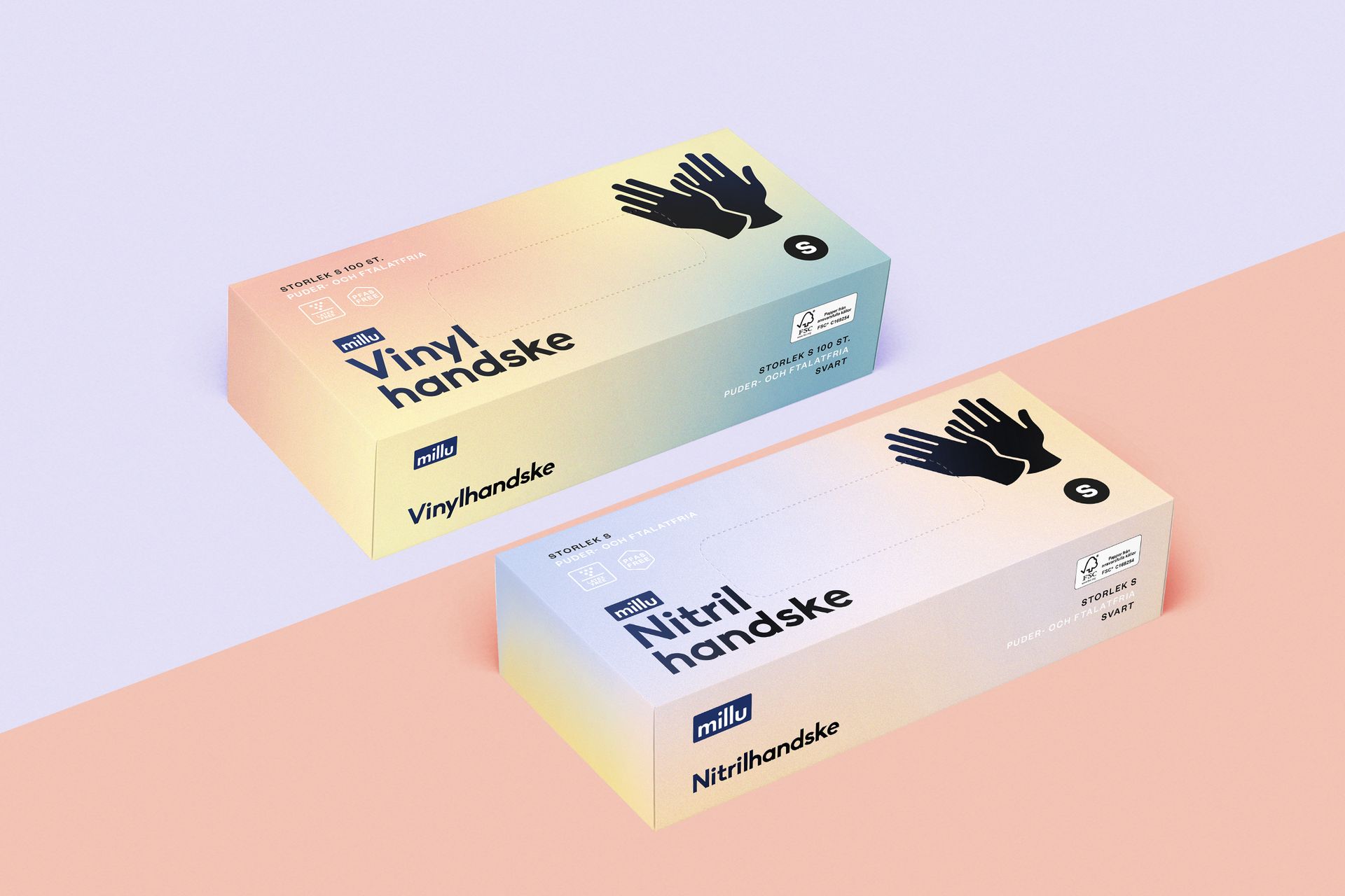 Boxes of disposable gloves on a pink and blue gradient background. Top box