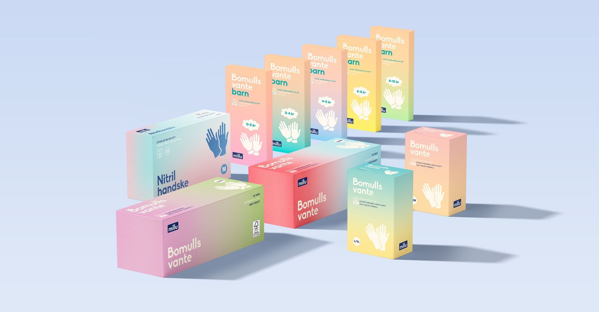 Collection of colorfully gradient-boxed products, possibly skincare or cosmetics, on a light blue background.