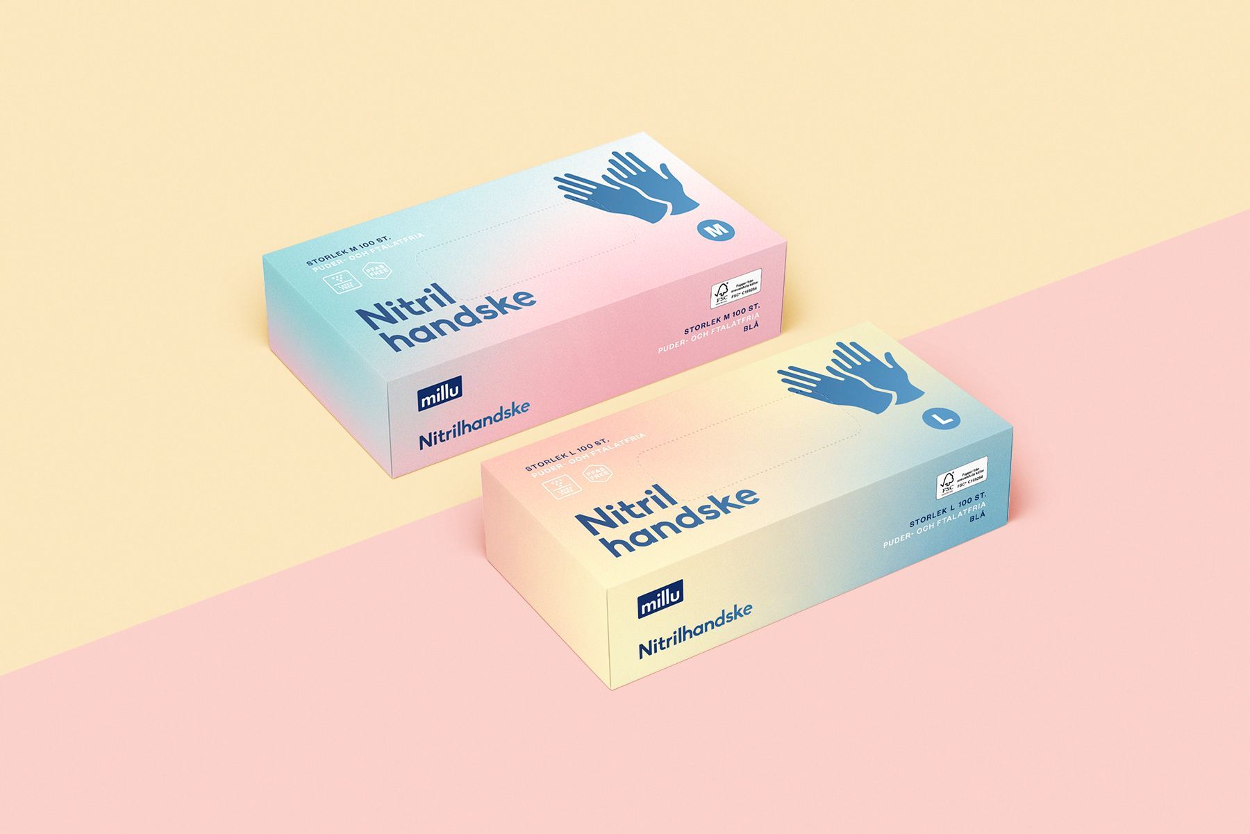 Two boxes of nitrile gloves on a pink and yellow gradient background, with hand icon and text 