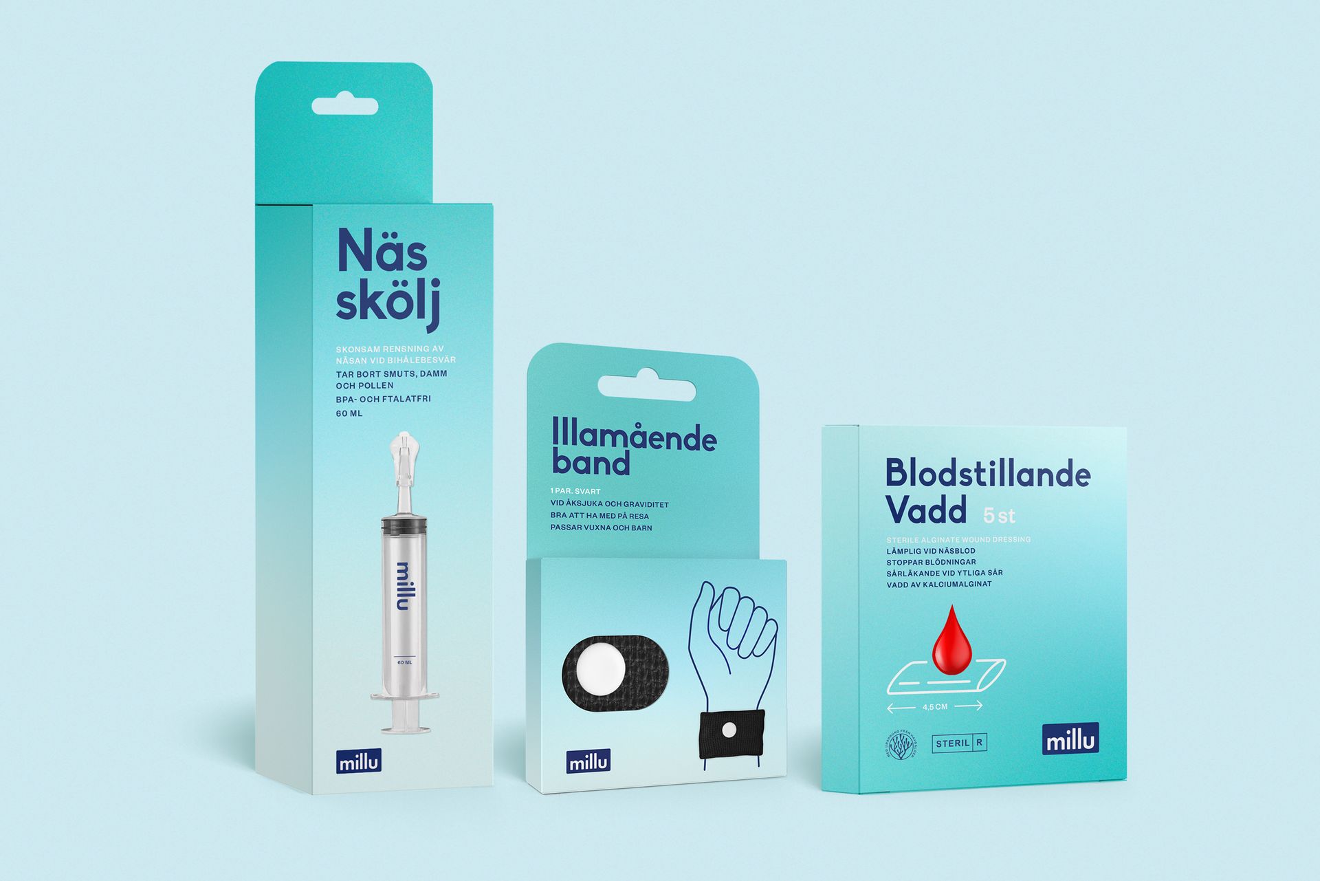 Medical supply packaging with a syringe, tourniquet, and gauze in teal boxes.
