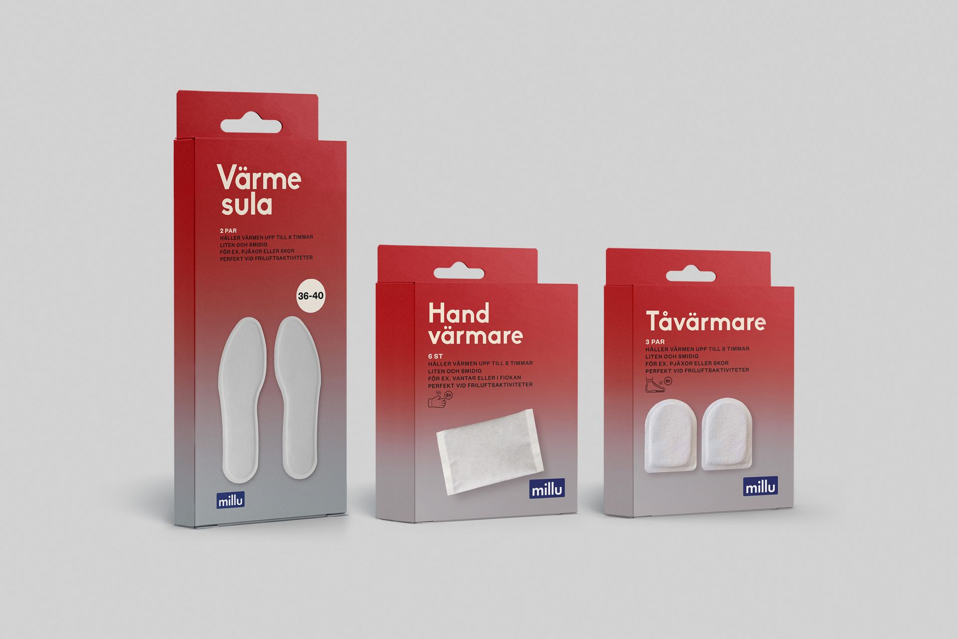 Boxes of heat packs: Foot, hand, and toe warmers in red and white packaging.