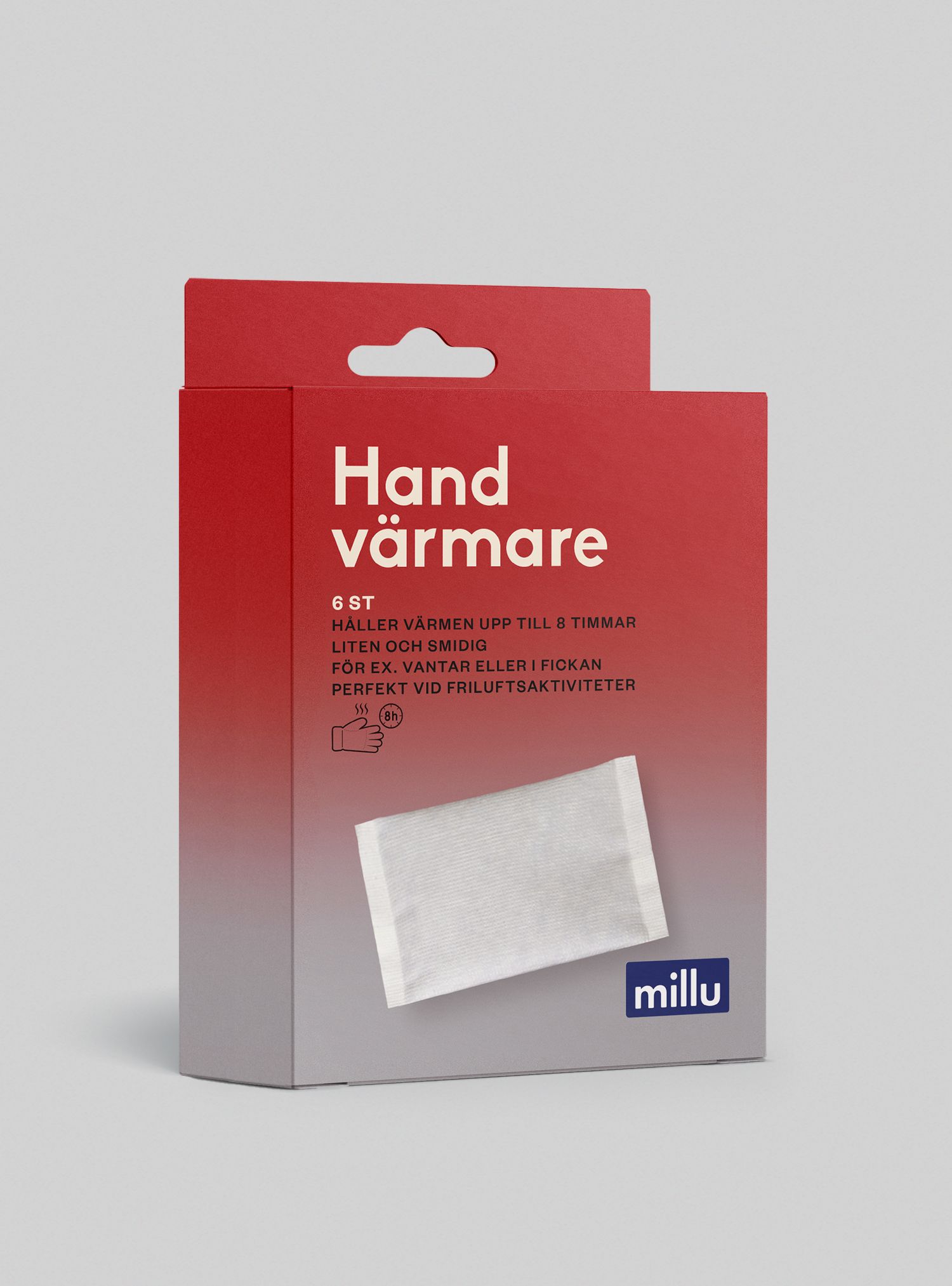 Box of hand warmers, red and white, with
