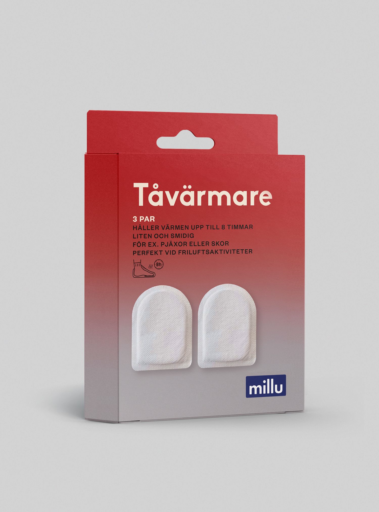 Red and gray box of Millu Tåvärmare (toe warmers) with two white pads visible.