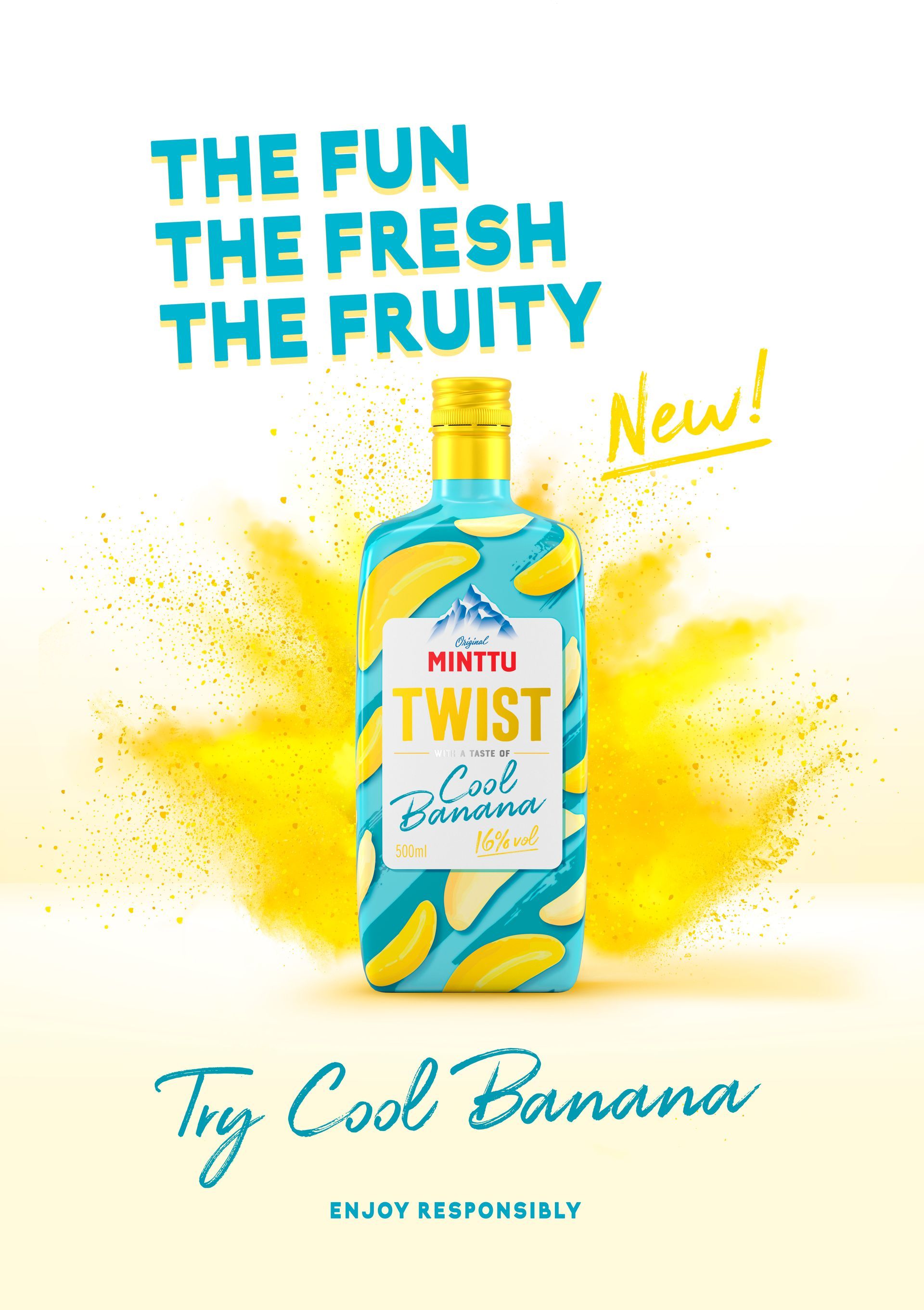 Ad for a banana-flavored shot. A turquoise bottle with a yellow label against a yellow burst. Text reads: 