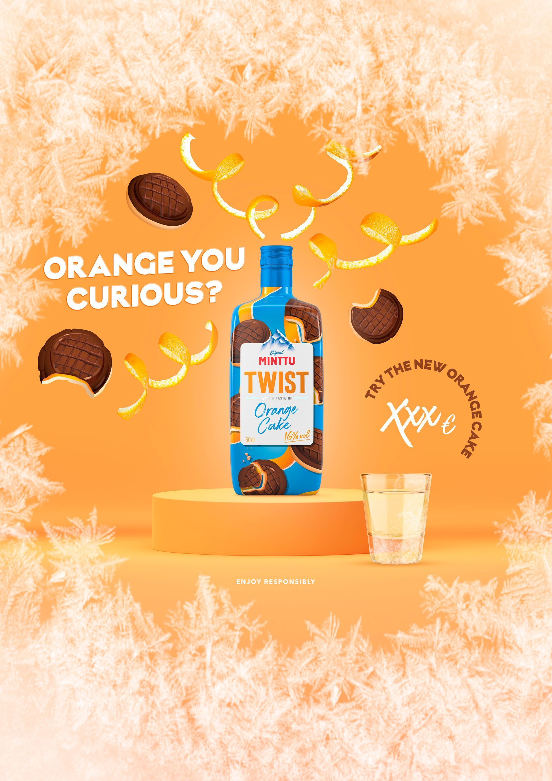 Bottle of Minttu Twist Orange Cake liqueur with cookies and orange peel on orange background. 