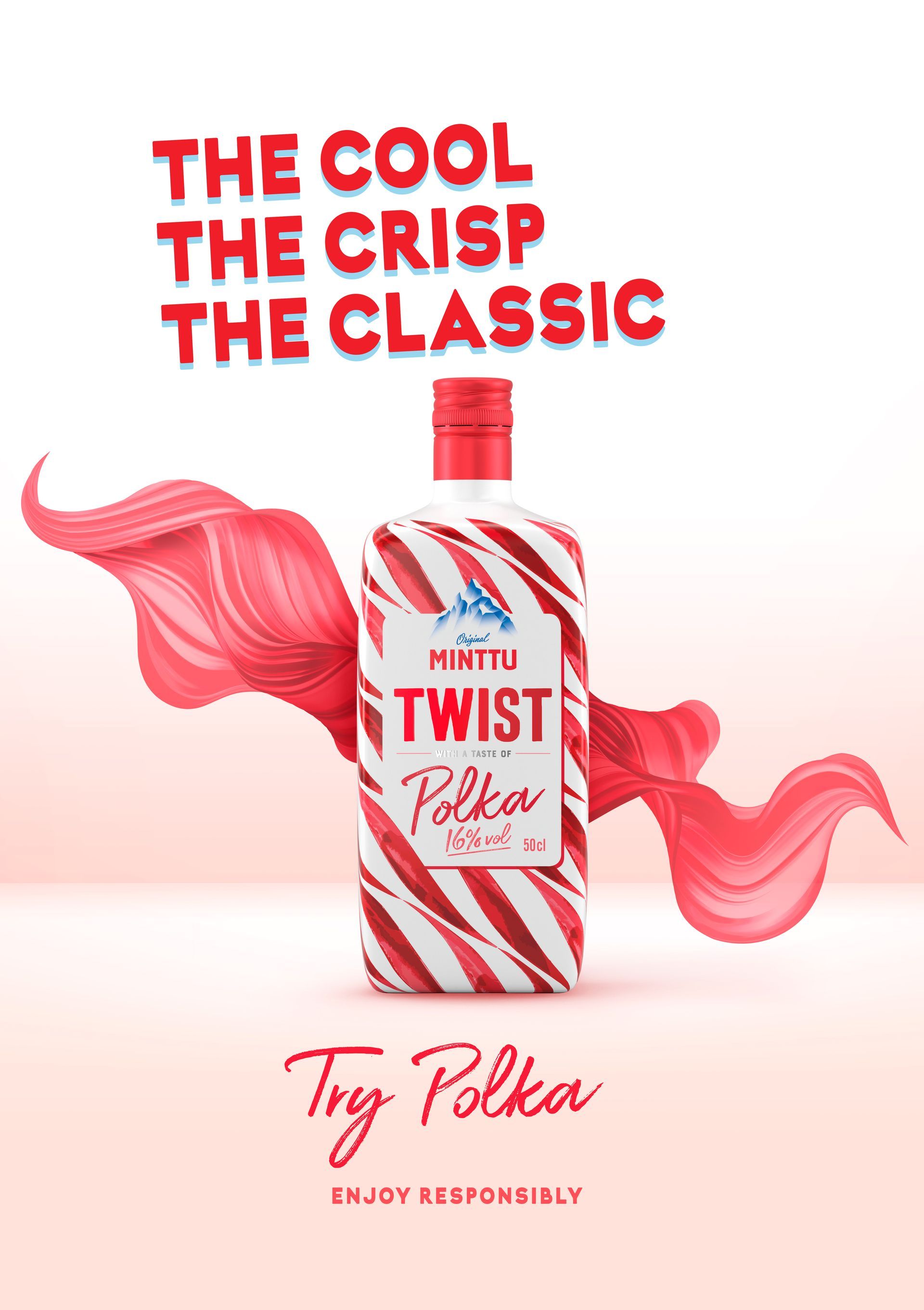 Minttu Twist Polka bottle with red and white swirl design, text: 