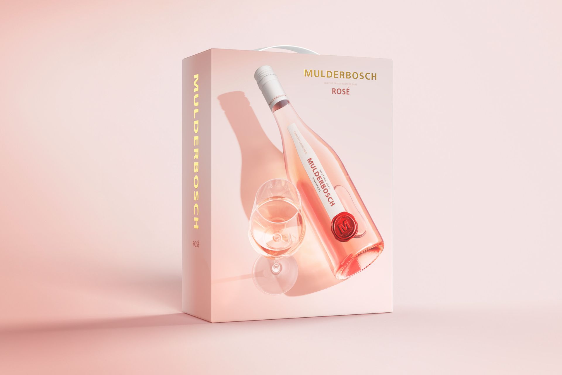 Mulderbosch BIB with pink wine bottle and glass with a shadow displayed on a pink gift box.