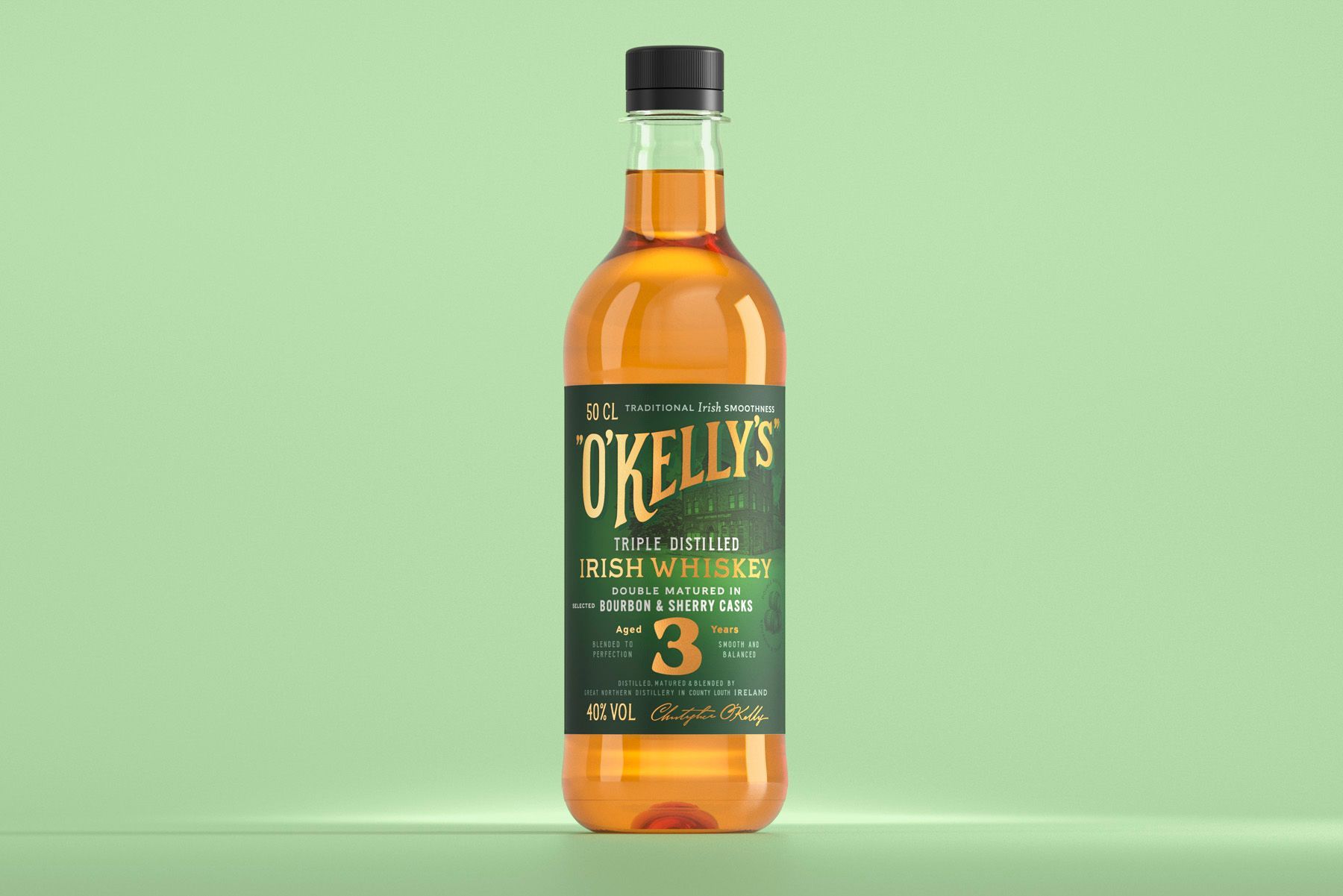 Bottle of O'Kelly's Irish whiskey with a green and gold label on a green background.
