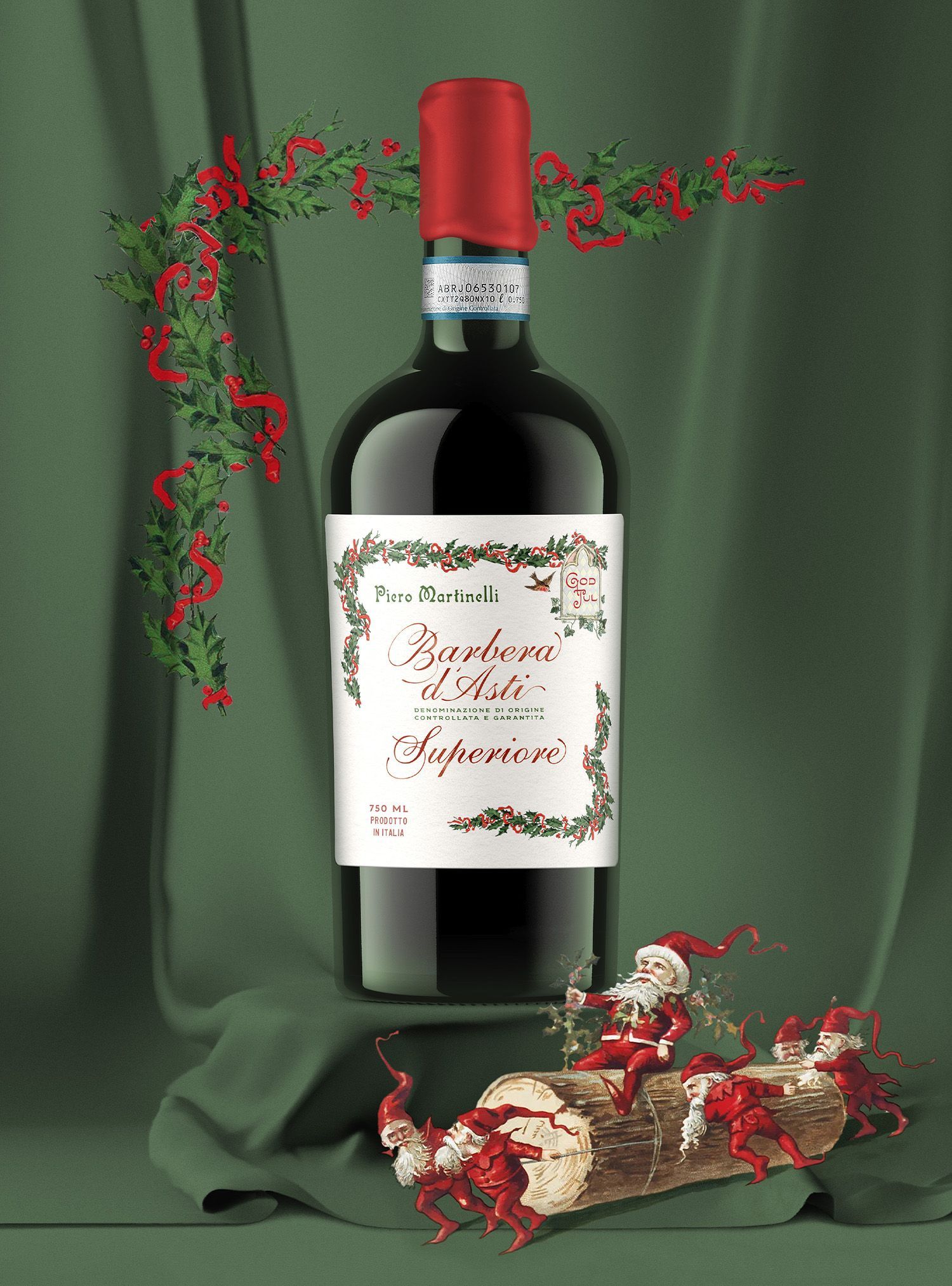 Wine bottle of Barbara d'Asti, with a festive Christmas garland and Santa Claus decor on a green backdrop.