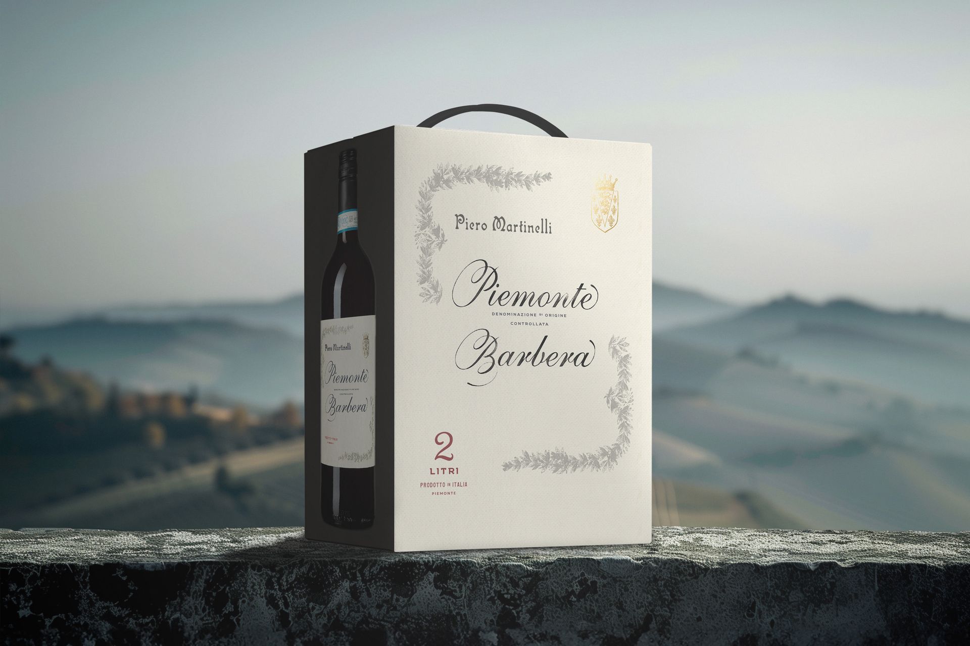 Wine bottle in a gift box with a handle, set against a blurred landscape of rolling hills and sky.