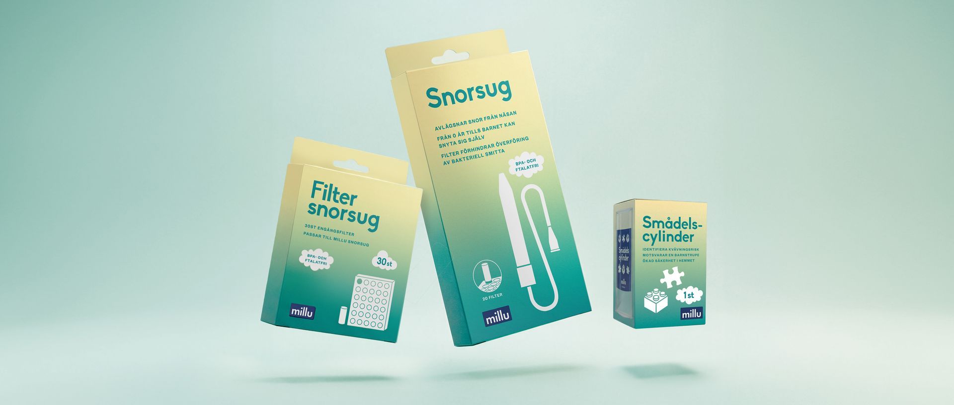 Three product packages from Millu floating in front of a turquoise background. 