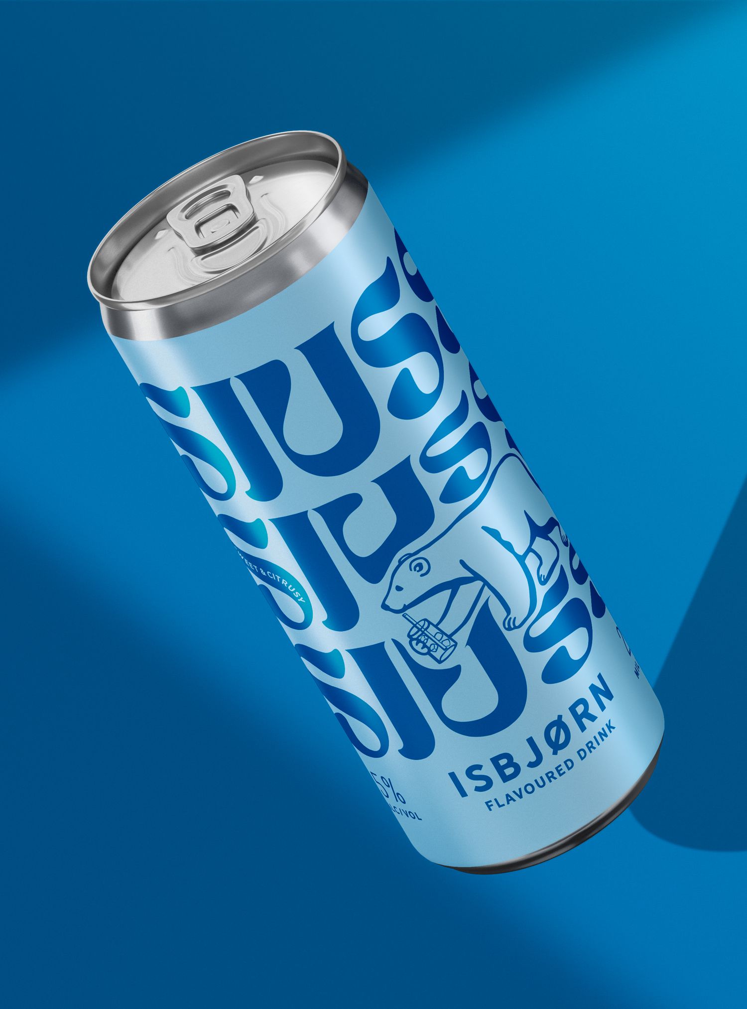 Light blue ISBJØRN beverage can with polar bear design on a blue background.